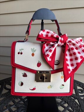 ALDO Red & Cream Fruit-Embroidered Top Handle Satchel with Gingham Bow